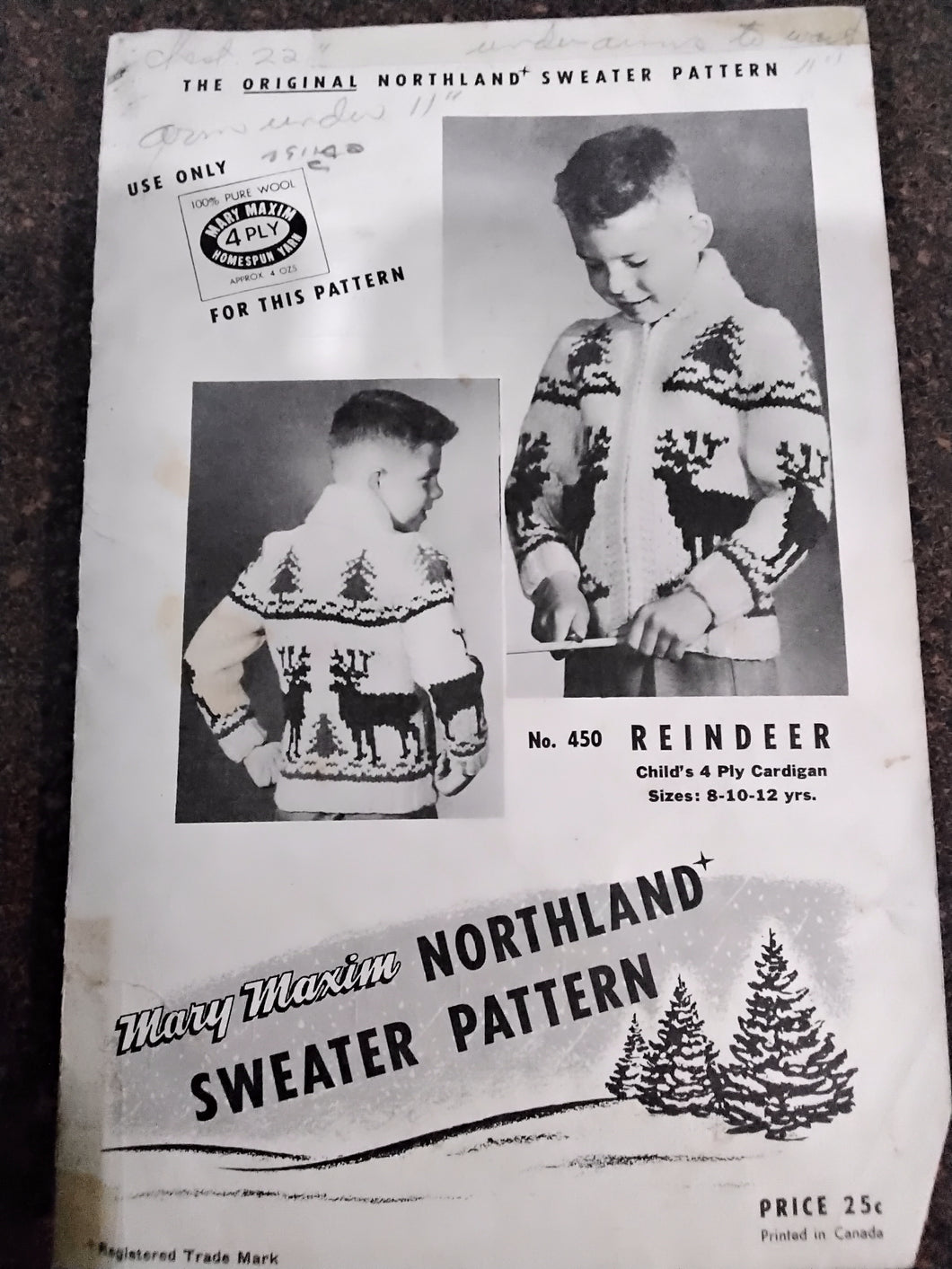 Vintage Child's Northland Reindeer Sweater Knitting Pattern - Size Child 8-10-12 - Mary Maxim #450